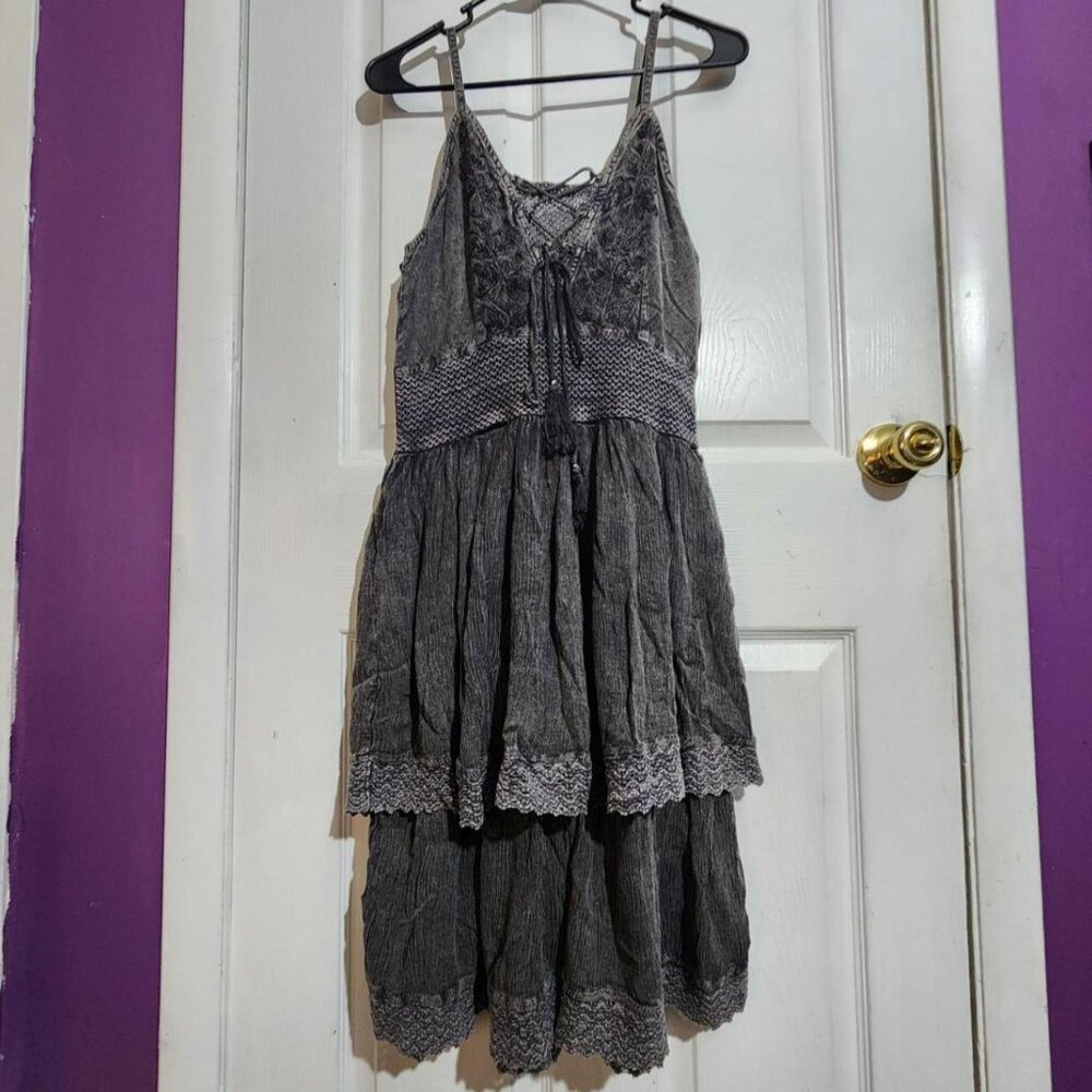 Vintage Gray Embroidered Ruffle Dress